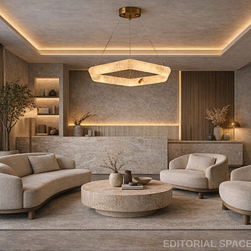 Alabaster Ring Pendant – Modern Luxury Living Room with Travertine & Bouclé