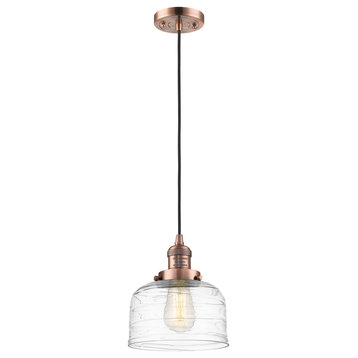 Large Bell 1 Light Mini Pendant, Antique Copper, Clear Deco Swirl