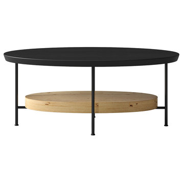 39" Modern Oval Coffee Table with Storage Shelf Light Wood and Metal, Black