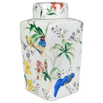 Birds and Flowers Square Ginger Jar With Lid