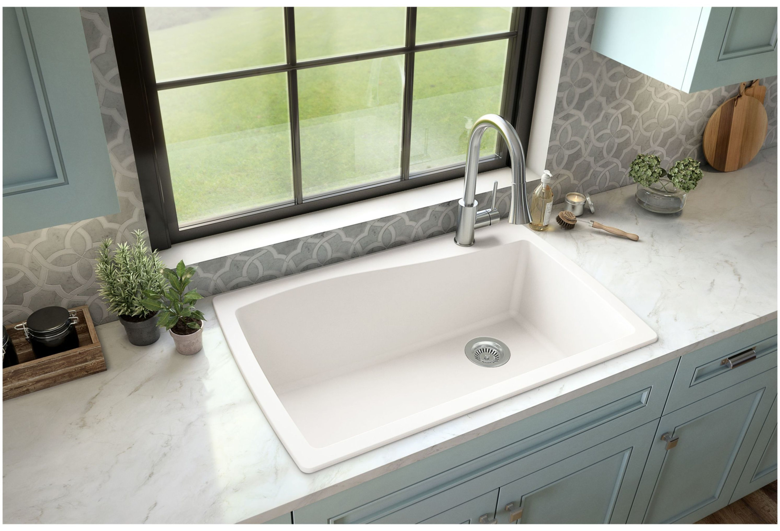 Karran Drop-In Quartz 34" 1-Hole Single Bowl Kitchen Sink Kit, White