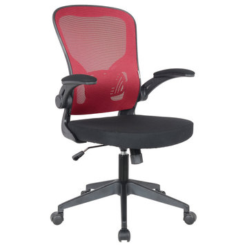 LeisureMod Newton Mesh Office Swivel Desk Chair With Flip Up Armrest, Red