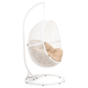 Modern Outdoor Shore Swing Chair with Stand - White Basket with Khaki Cushion
