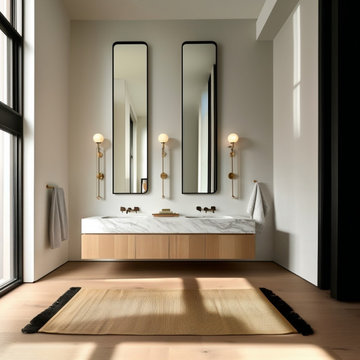 Floating Oak Double Sink Bathroom Vanity | Handleless Drawers | Custom Wall Moun
