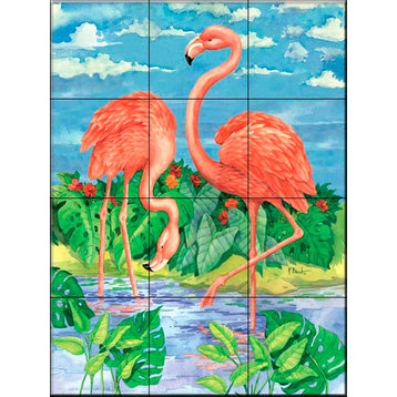 Tile Mural, Bamboo Flamingo With Sky by Paul Brent