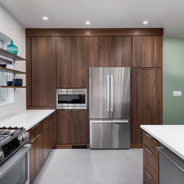 Warm Modern Walnut Kitchen Remodel | Sleek White Quartz & Open Shelving Design