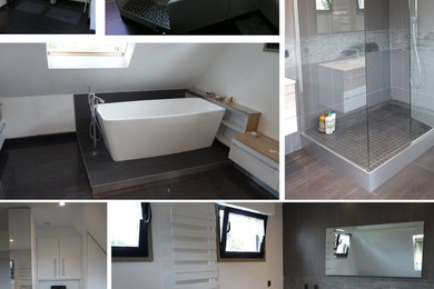 Inredning av ett modernt en-suite badrum, med ett platsbyggt badkar, en kantlös dusch, en vägghängd toalettstol och ett konsol handfat