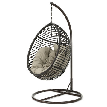 GDF Studio Leasa Outdoor Wicker Hanging Basket Chair, Multi-Brown/Khaki