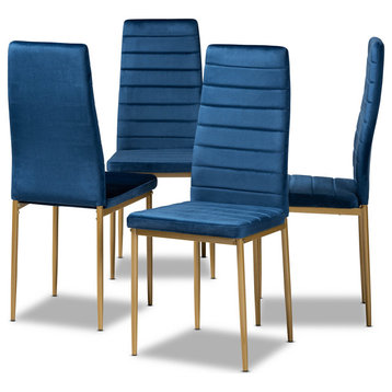 Armand Navy Blue Velvet Upholstered Gold Finished Metal 4-Piece Dining Chair Set