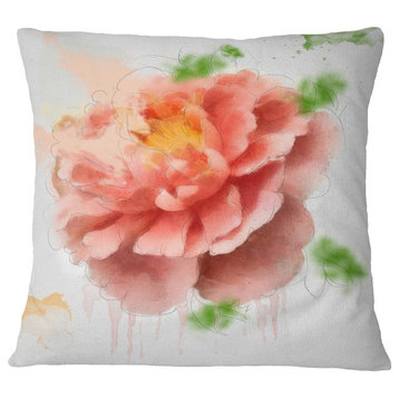 Light Red Rose Sketch Watercolor Floral Throw Pillow, 18"x18"