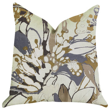 Camellia Floral Blue, Beige Tones Luxury Throw Pillow, 18"x18"