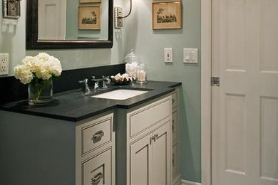 Mid-sized trendy kids' gray tile and glass tile marble floor bathroom photo in San Diego with beaded inset cabinets, gray cabinets, granite countertops and blue walls