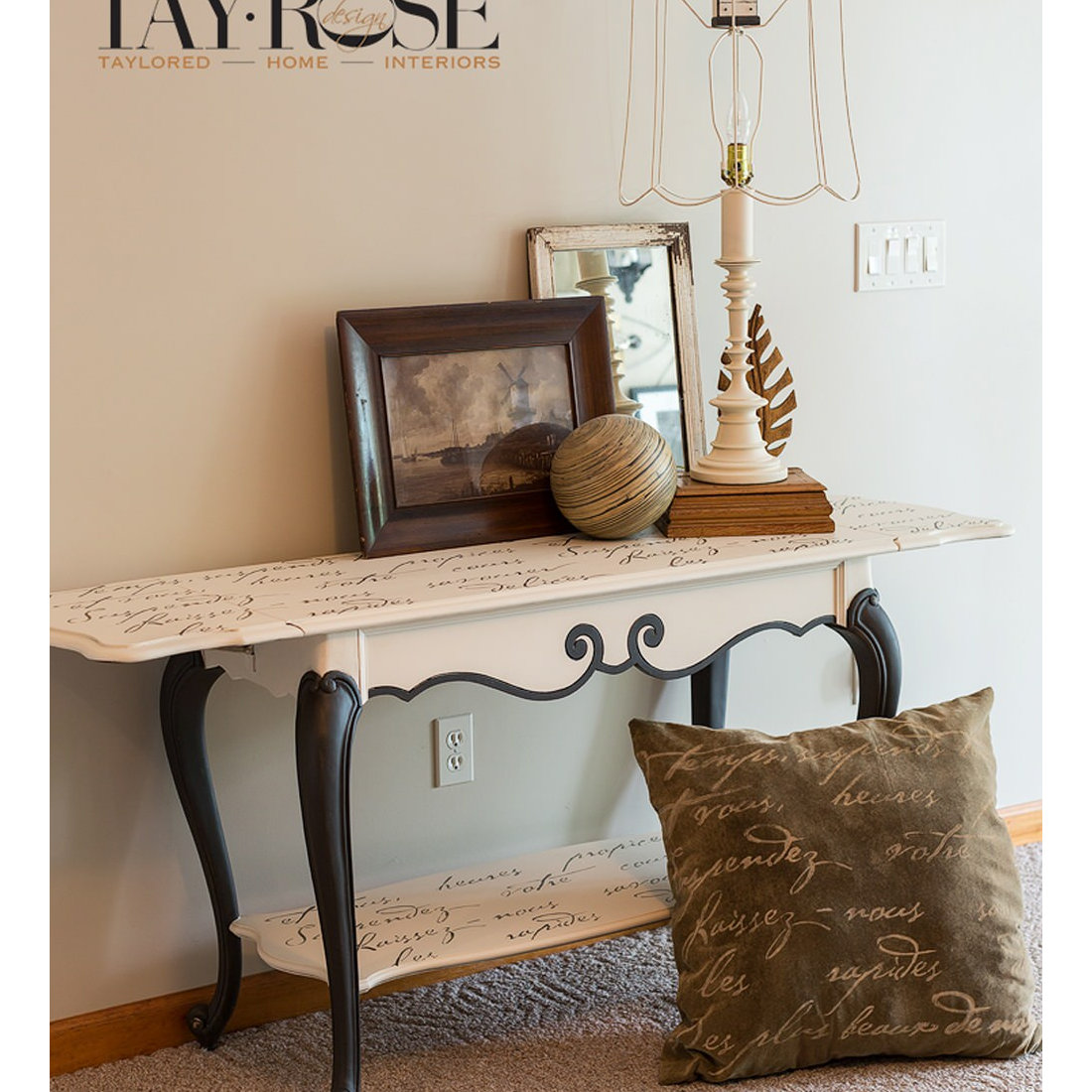 French Poem Stenciled Sofa Table