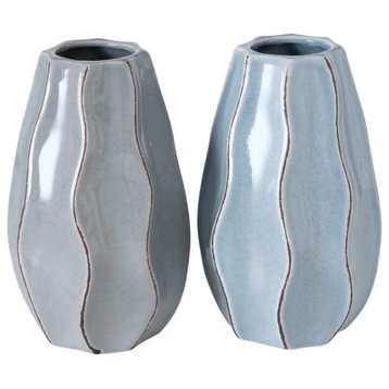 Tonal Ripple Blue and Grey Vases, Set of 2