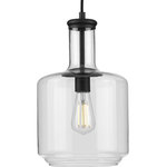Progress Lighting - Latrobe Collection Black 1-Light Pendant - Introduce a pop of personality into your home with this pendant. A round ceiling plate coated in a black finish anchors the pendant in place as the light source hangs below. A bottle-inspired clear glass shade adds a twist to a simple industrial style that brings this light fixture's vintage charm to the forefront of your home's lighting design.