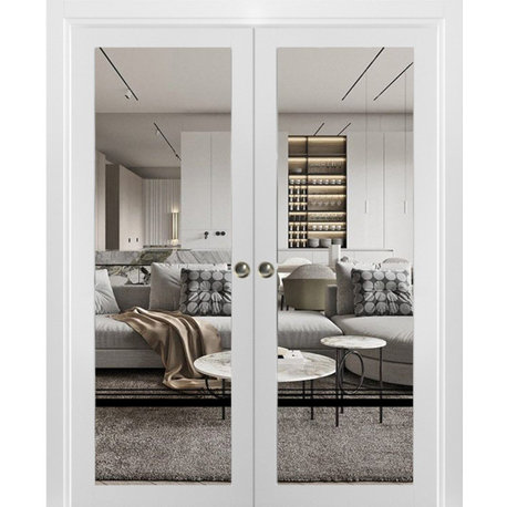 French Double Pocket Doors 48x96 | Lucia 2666 White Silk | Kit Trims Rail