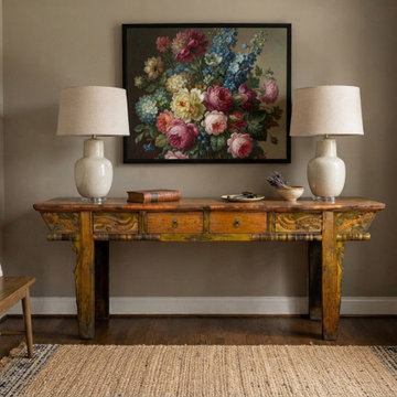 Vintage Chinese Orange Yellow Long Dragon Carving Console Table GB804
