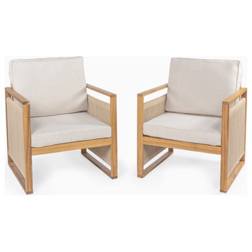 Roped Acacia Wood Outdoor Patio Chair, Cushions, Beige/Light Teak, Set of 2