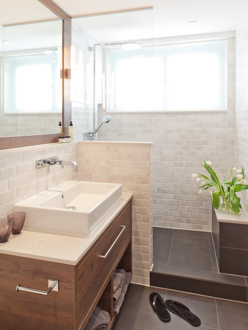 Inspiration for a small contemporary 3/4 bathroom remodel in Berlin with open cabinets, Bath Type 3%252f4 Bath Bath Type 3%252f4 Bath Inspiration for a small contemporary 3/4 bathroom remodel in Berlin with open cabinets,