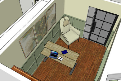 Modelo de despacho vintage pequeño con paredes beige, suelo de madera oscura, escritorio independiente, suelo marrón y panelado