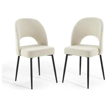 Set of 2 Dining Chair, Upholstered Fabric Seat & Rounded Open Back, Beige