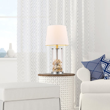 Maya 21" Table Lamp, Fillable Clear Glass Body, White Fabric Shade