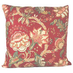 Studio Design Interiors - Jardin Rouge 90/10 Duck Insert Pillow With Cover, 22x22 - This quentisential example of a Jacobean print is tuly arresting in bright reds, sage greens, and light browns. To finish this gorgeous pillow is a dupioni silk back in apple red. Stunning.