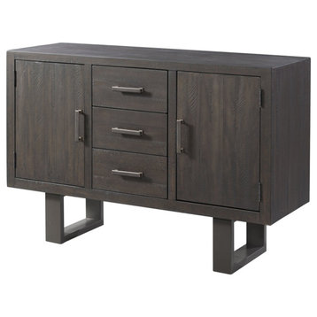 Rustic Sideboard, 2 Side Cabinets & 3 Center Drawers With Metal Pulls, Dark Ash