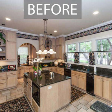 country cottage kitchen wallpapered and off white painted cabinets
