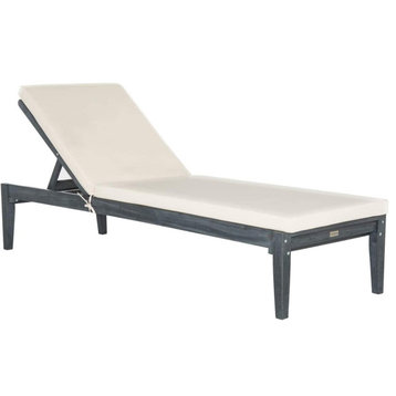 Patio Chaise Lounge, Acacia Wood and Adjustable Beige Padded Seat, Ash Gray