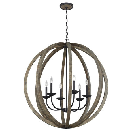 Feiss Allier 6-Light Pendant Chandelier F3186/6WOW/AF, Weathered Oak Wood/Iron