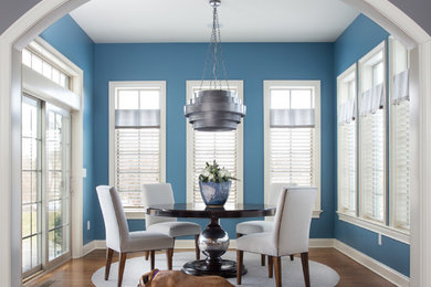 Photo of a mid-sized transitional separate dining room in Other with blue walls, medium hardwood floors and no fireplace.