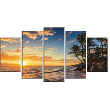 "Paradise Tropical Island Beach With Palms" Metal Wall Art, 5 Panels, 60"x32"