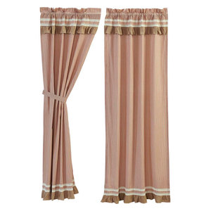 KENDRA STRIPE RED Panel Set Ticking Stripe Pale Khaki Farmhouse Lined 84x40