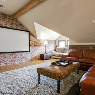 Inspiration for a mid-sized timeless enclosed light wood floor home theater remodel in Dallas with white walls and a projector screen