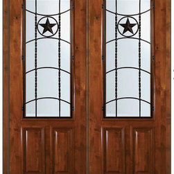 Prehung Double Door 96 Wood Alder Texan 2 Panel 2/3 Lite Wrought Iron - Front Doors