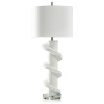 Harp & Finial - Rudnick Resin Table Lamp White Plaster Finish White Hardback Shade - This table lamp is the perfect addition to any modern space, boasting a striking plaster finish with a sculptural spiral accent along the base. The plaster hue makes the base stand out, while the brushed acrylic accents combine to create a beautiful, cohesive look.