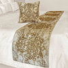 Ivory Jacquard Queen 74"x18" Bed Runner, Beaded and Foil Foil Damask Gold