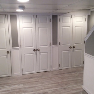 Photo of a medium sized classic fully buried basement in New York with grey walls, light hardwood flooring and no fireplace.
