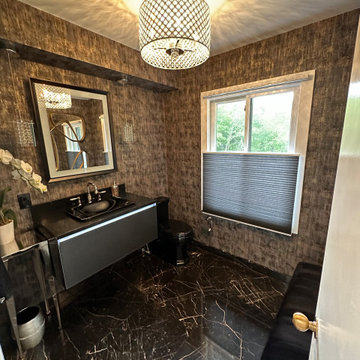 Glam Powder Room with Black Marble-Look Floor