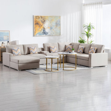 Nolan 135" Linen 7Pc Reversible Chaise Sectional Sofa with a USB, Charging Ports