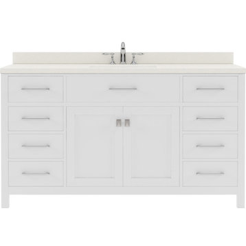 Caroline 60" Single Bath Vanity, White With Quartz Top and Square Sink