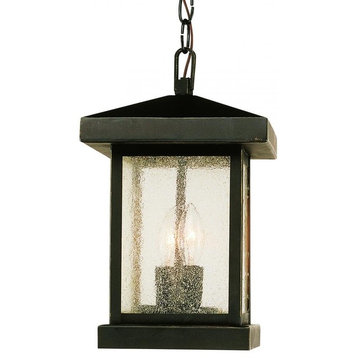 Two Light Weathered Bronze Amber Seeded Glass Hanging Lantern
