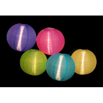 Asian Fusion Colorful Chinese Lantern Garden Patio Lights, White Wire, 5-Piece