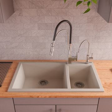 ALFI 34" Double Bowl Drop In Granite Composite Kitchen Sink, Biscuit
