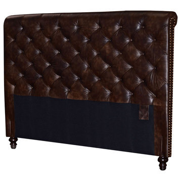 Chesterfield Headboard, Deep Button Tufting and Nail Heads, 2-Tone Tobacco, King