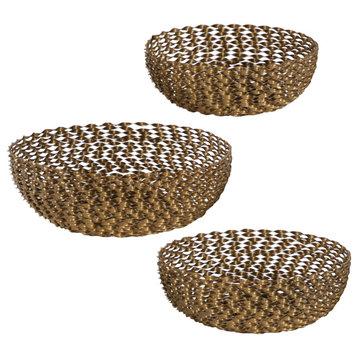 Modern Style Round, Twisted Gold Metal Baskets | Set of 3