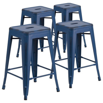 Metal Counter Stools, Distressed Antique Blue, 24" High, Set of 4