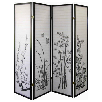 Benzara BM96093 Naturistic Print Wood & Paper 4 Panel Room Divider, White/Black