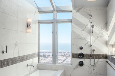 Inspiration for an expansive modern master bathroom in San Francisco with flat-panel cabinets, grey cabinets, an undermount tub, an open shower, a wall-mount toilet, white tile, porcelain tile, white walls, porcelain floors, an undermount sink, engineered quartz benchtops, grey floor, an open shower and white benchtops.